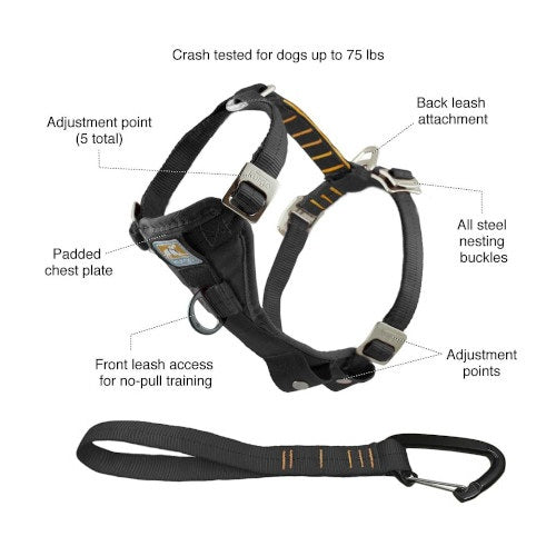Dog harness that has been crash tested for dogs up to 75 pounds with features including adjustment point (5 total), back leash attachment, all steel nesting buckles, padded chest plate, front leash access for no-pull training